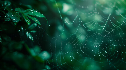 dewdrops on a spider's web, concept of the beauty of nature, created with generative AI technology