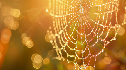 dewdrops on a spider's web, concept of the beauty of nature, created with generative AI technology