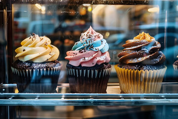 three cupcakes displayed in glass case and chocolate muffins in cafe window