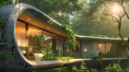 Wall Mural - A modern, high-tech house stands surrounded by dense jungle foliage, Fuse elements of nature into your architecture to create a harmonious connection with the environment