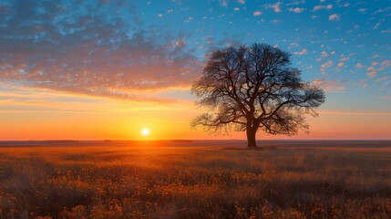 Canvas Print - Lonely Tree in a Field of Flowers During Sunset