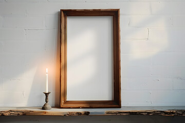 Wall Mural - blank wooden frame on a white wall