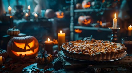 Wall Mural - Spooky Jack o  Lantern Pie in a Candlelit Pumpkin Filled Room