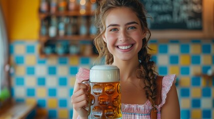 Young woman with braided hair holds a beer mug indoors, smiling brightly in front of a colorful tiled wall.