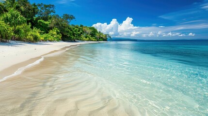 Poster - a serene and peaceful beach view at sunset. The beach should be nearly empty, with just a few scattered beach towels and a lone surfboard planted in the sand.