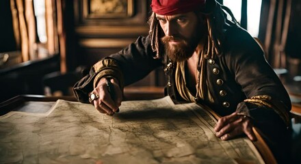 Pirate looking at a nautical map.