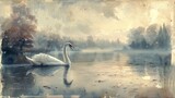 Watercolor painting of a graceful swan on a serene pond, copy space banner, vintage background 