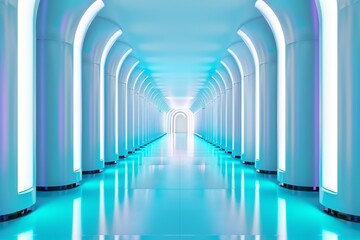 futuristic white corridor with blue neon lights and reflective floor - abstract modern architecture concept.
