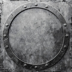 Fototapete - A gray metallic background with a white circle in the center, surrounded by curved metal edges. The texture of concrete and steel is visible on all sides