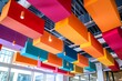 © juni studio - A ceiling with suspended acoustic baffles in vibrant colors, enhancing both aesthetics and acoustics.