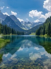 Sticker - Crystal Clear Mountain Lake with Rocky Bottom and Surrounding Forest