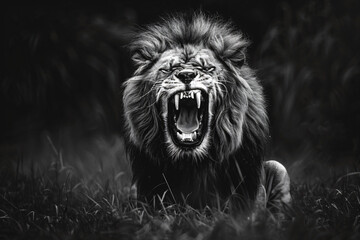 Wall Mural - 
Black and white photo of an angry lion roaring, sharp teeth visible against dark background. Lion is sitting on grass with its head tilted back showing his power and strength. 