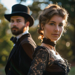 Wall Mural - victorian dressed female in mid 20s in foreground, victorian dressed male 30s, handsome in background, sunny image