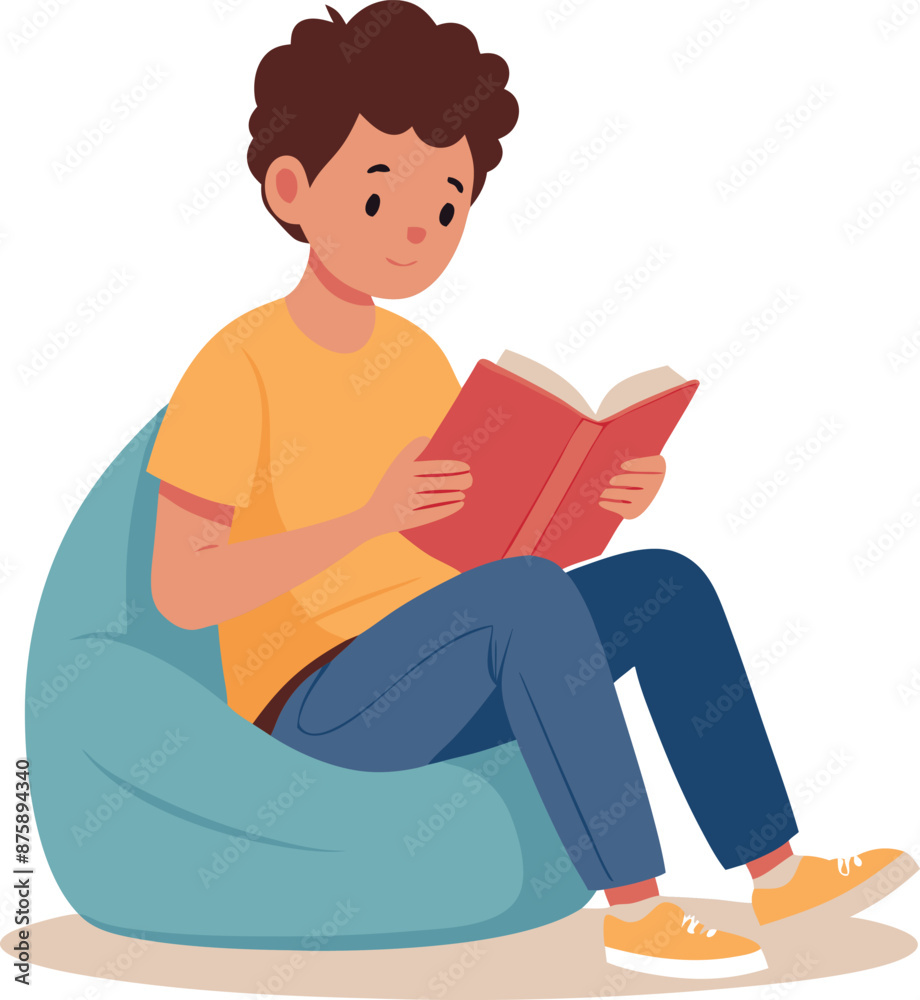Young Boy Reading a Book on a Bean Bag Chair Stock Vector | Adobe Stock
