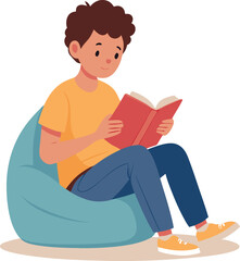young boy reading a book on a bean bag chair