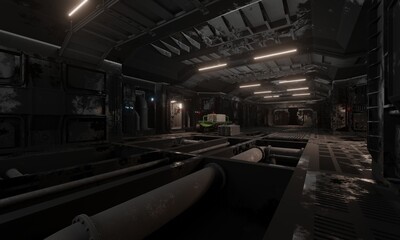 Wall Mural - Abandoned laboratory control room and pipeline under floor in dark scene 3d rendering architecture science fiction wallpaper background