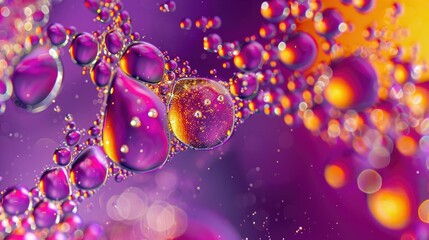 Poster - Macro photography of suspended glitter in colorful liquid emulsion against violet backdrop shows mesmerizing physics of clustered paints in peculiar formations