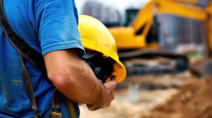 Un ouvrier de la construction tenant son casque dans la main sur un chantier avec en arrière-plan une excavatrice. Focus sur l'équipement de sécurité.