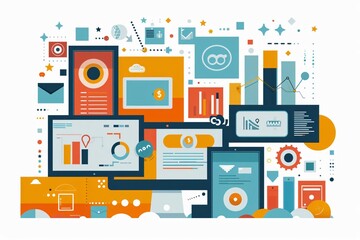 Poster - Colorful data visualization illustration featuring charts, graphs, and analytics elements, perfect for business and technology themes.