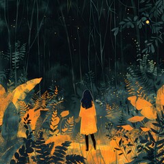 Canvas Print - Woman Walking in a Dark Forest with Fireflies