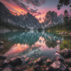 Wall Mural - A serene sunset over a tranquil lake surrounded by mountains, with a vibrant sky reflecting on the calm water.