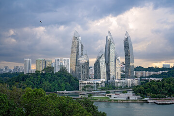 Singapore skyline cityscape view from fort Siloso skywalk, tourist destination attraction, travel vacation holiday, futuristic city modern high density skyscrapers living residential accommodation