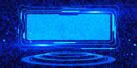 Poster - A futuristic blue holographic interface with glowing outlines on a digital grid with a concept of technology. 3D Rendering