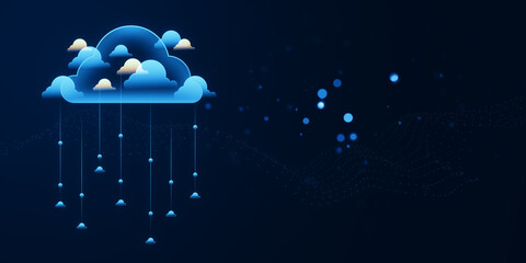 Poster - A stylized cloud with hanging elements and sparkling dots on a dark blue background, conveying a technology concept. 3D Rendering