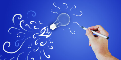 Poster - A hand drawing decorative swirls around a light bulb on a blue background, symbolizing idea generation