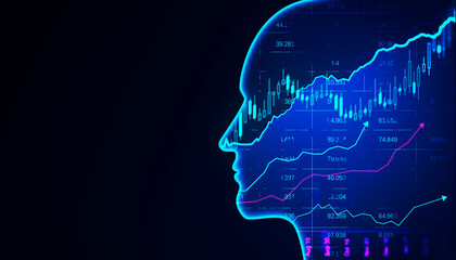 Poster - Silhouette of a human head with glowing edges and stock market data overlay on dark blue background, concept of technology and finance. 3D Rendering