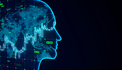 Poster - Digital silhouette of a human head with world map and stock market data overlay on a dark blue background, concept of global finance. 3D Rendering