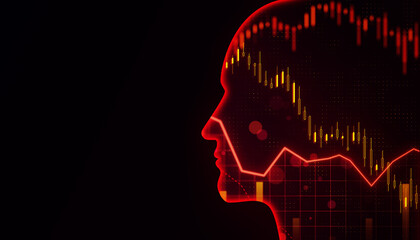 Poster - Silhouette of a head with stock market chart overlay on a dark red background, concept of financial analysis. 3D Rendering