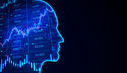 Poster - Silhouette of a human head overlaid with stock market data, digital graphic style on a dark blue background, concept of financial analysis. 3D Rendering