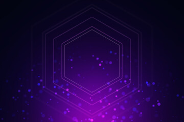 Wall Mural - Hexagonal shapes with glowing edges and floating particles on a purple gradient background, concept of technology. 3D Rendering