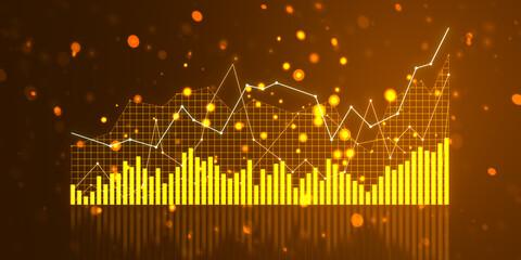 Aufkleber - A glowing forex chart on a dark orange background illustrating financial growth, with a creative backdrop symbolizing market data analysis. 3D Rendering