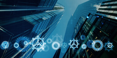 Poster - Skyscrapers with gear icons overlay, digital graphics, blue-tone cityscape background, concept of technology in business. 3D Rendering