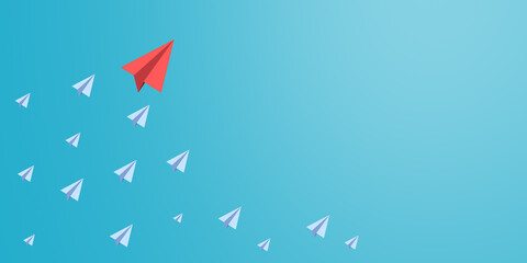 Poster - Red paper plane leading white planes, flat graphic style, light blue background, concept of leadership. 3D Rendering