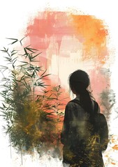 Canvas Print - Silhouette of Woman Looking at Sunset Through Bamboo