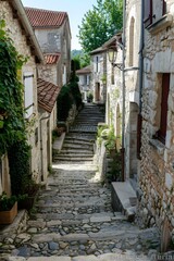 A narrow stone street with stone houses on both sides and a stone staircase leading up to a higher level