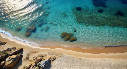 Wall Mural - sunny abstract sand beach with transparent clear water from above, natural beach background. Generative AI.