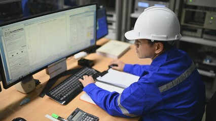 Engineer working at control room,Manager control system,Technician man monitoring program from a lot of monitor