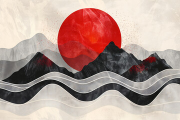 Fototapete - Abstract mountains with a red sun, in the style of Japanese ink drawing, on a white paper background, with detailed lines and shapes, using a black color scheme with high contrast