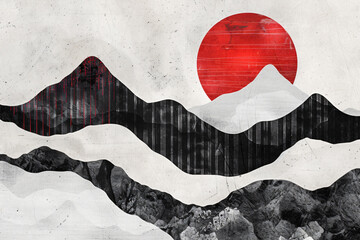 Fototapete - Abstract mountains with a red sun, in the style of Japanese ink drawing, on a white paper background, with detailed lines and shapes, using a black color scheme with high contrast