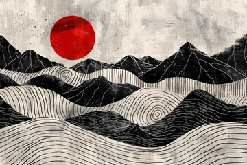 Poster - Abstract mountains with a red sun, in the style of Japanese ink drawing, on a white paper background, with detailed lines and shapes, using a black color scheme with high contrast