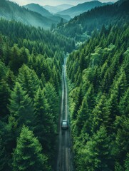 Sticker - A car is driving down a road in a forest