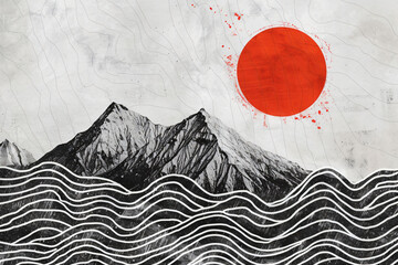 Fototapete - Abstract mountains with a red sun, in the style of Japanese ink drawing, on a white paper background, with detailed lines and shapes, using a black color scheme with high contrast