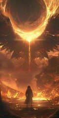 Poster - A person stands in front of a fiery mountain, with a large, glowing