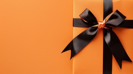 Wall Mural - A black and orange gift box with a black ribbon tied around it