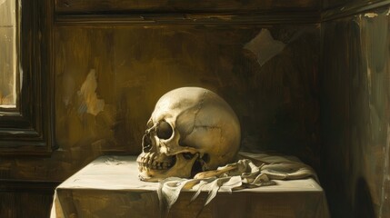 Wall Mural - A skull is on a table in front of a wall