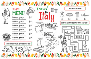  Kids menu for an Italian restaurant with a map of Italy and interesting tasks for children. Printable vector file measuring 17x11 inches.
